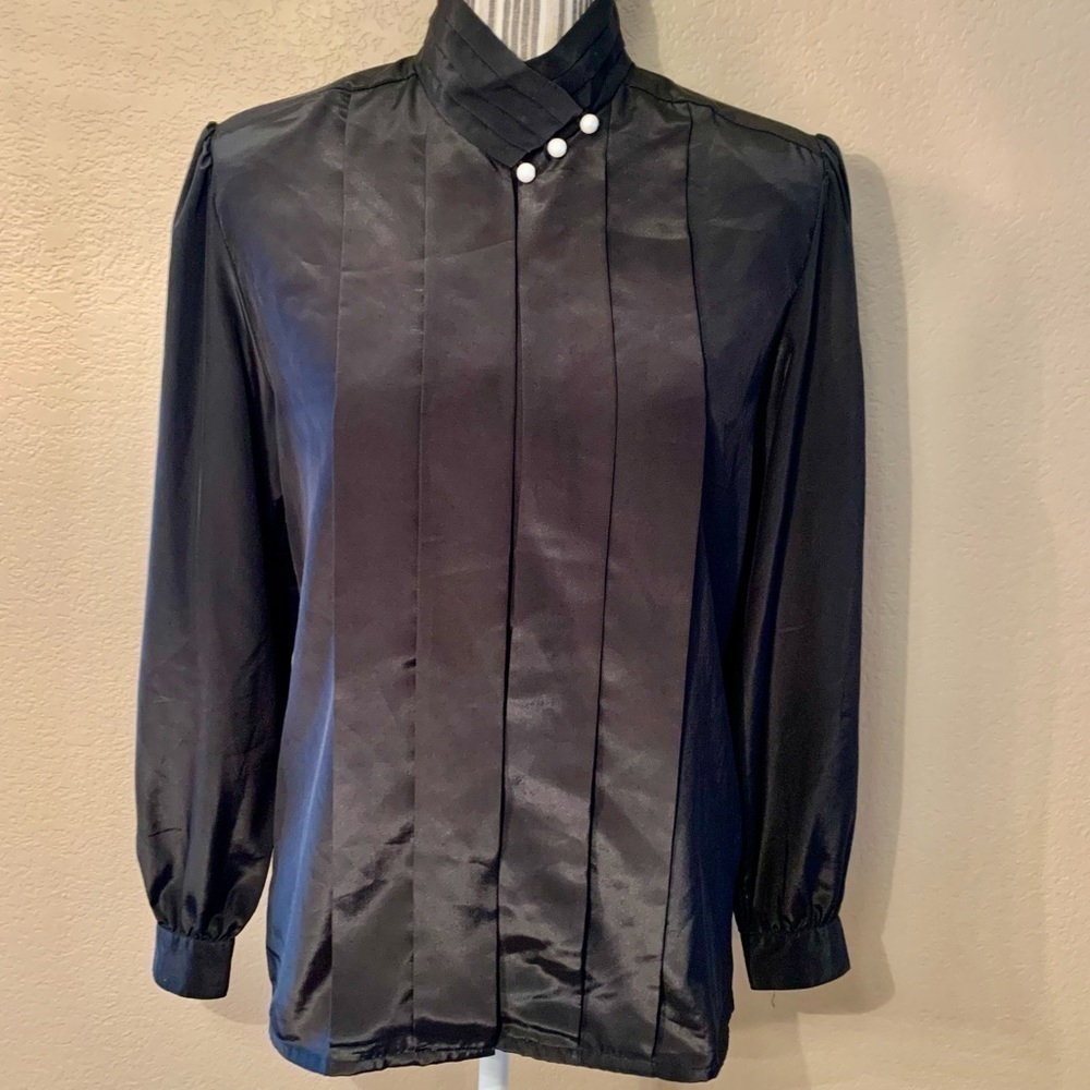 Vintage Blouse Size 8 Susan Hutton Black Satin White Buttons Long Sleeve Classy